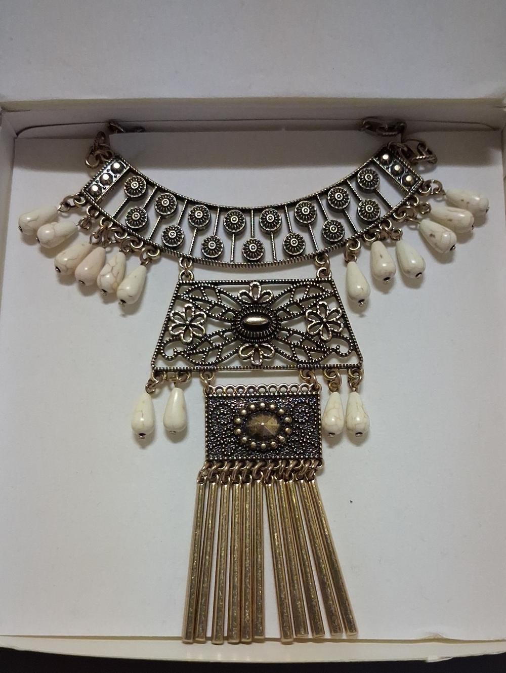 Avon Cream and Antique Gold Filigree Fringe Necklace